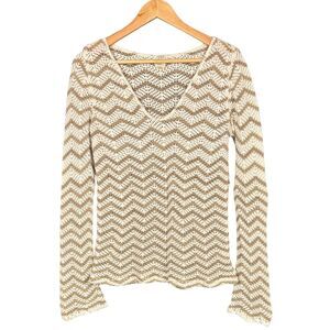 O’Neill Sweater Womens Crochet Open-Knit V-Neck Flared-Sleeve Chevron Medium Y2K
